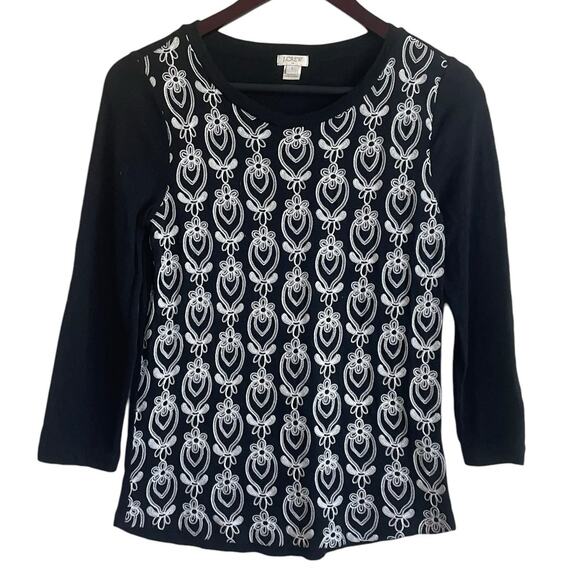 J Crew Women Cotton Top  S Black Embroidered Floral Damask Design 3/4 Sleeve - Picture 1 of 9